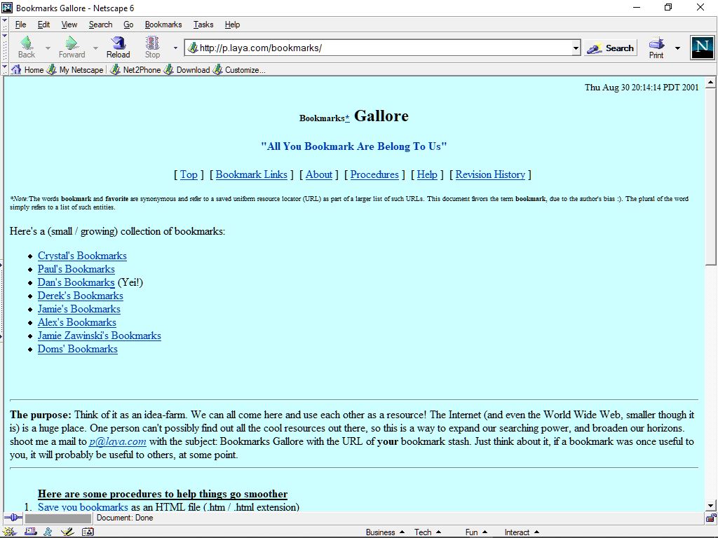 My bookmarks Gallore site in Netscape 6